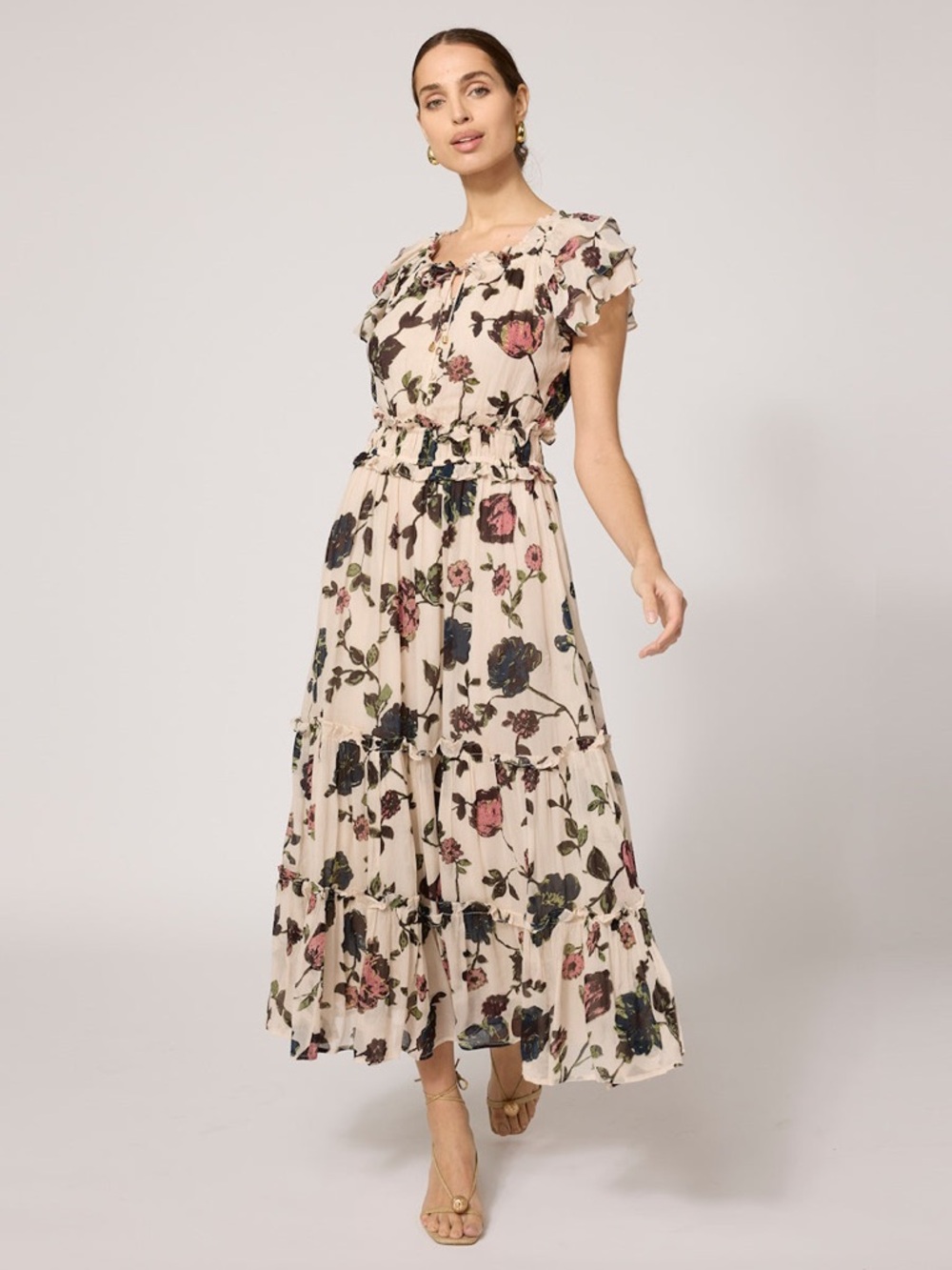 Cleobella / Delaney Jardin Cream Floral Ruffle Tiered Midi Dress - Sz M